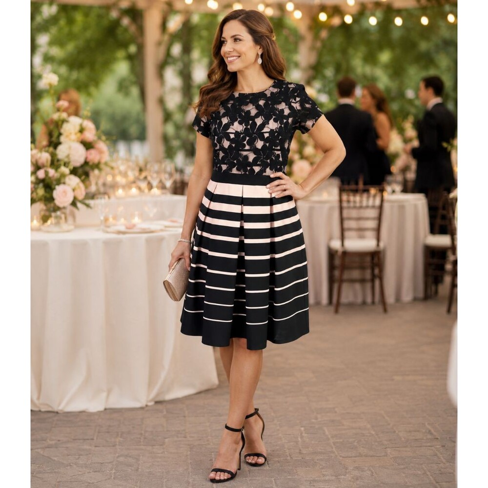 Danny & Nicole Fit Flare Dress Womens 16 Black Pink Lace Stripes Short Sleeeve